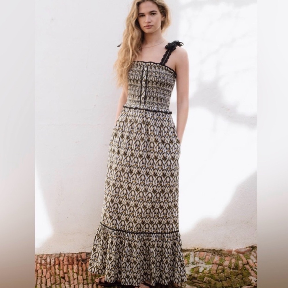 Sonmer Paris Maxi Dress Khaki Black Lace Unique Print Flowy Size Large XL NWT